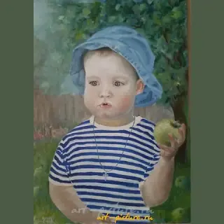 The translation of "Мальчик с яблоком холст масло" into English is "Boy with an apple, canvas oil."