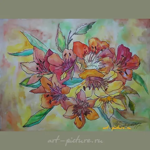 Gold Lilies watercolor, liner, paper