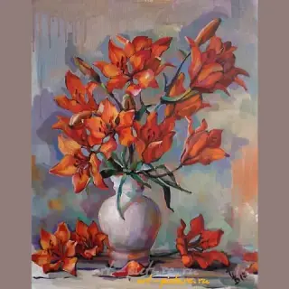 "Orange lilies canvas, acrylic, tempera."