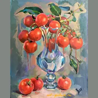 " bouquet of tomatoes canvas, acrylic, tempera"