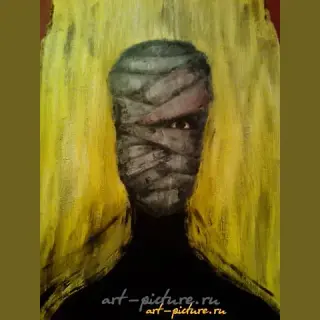 The text translates to "Dead man, MDF, acrylic paints" in English.