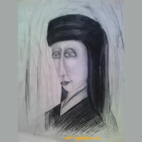 The translation of the text into English is: "Portrait in black paper, pencil, charcoal."