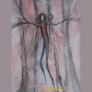 The text translates to "Fall watercolor, pencil, watercolor paper" in English.