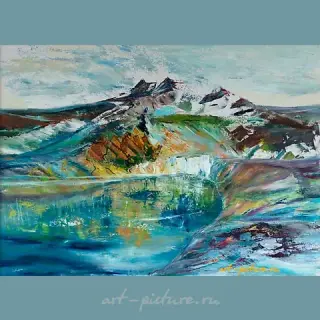 The translation of the text "Озеро надежды масло, холст, оргалит" into English is "Lake of Hope oil, canvas, hardboard."