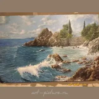 The translation of "Домик у моря Масло холст" into English is "Cottage by the sea Oil canvas."