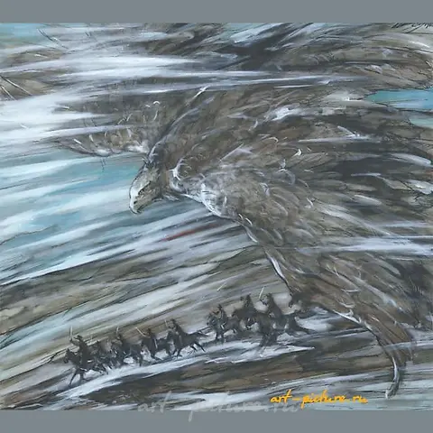 "The Falcon" from the series of paintings "Cossack Glory" watercolor, ink, white paint, toned paper.