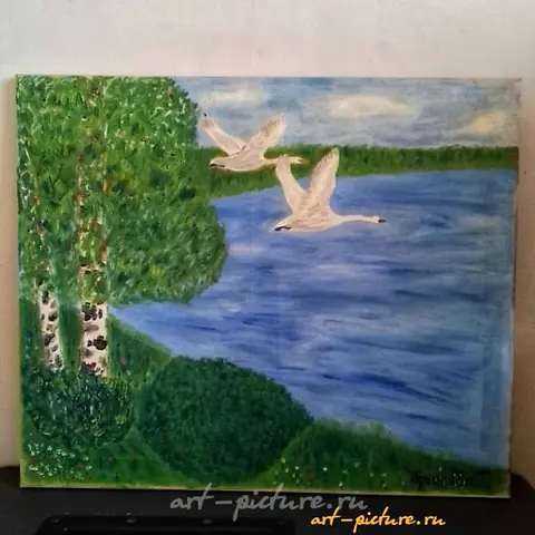 天鹅飞往南方，油画，画布。