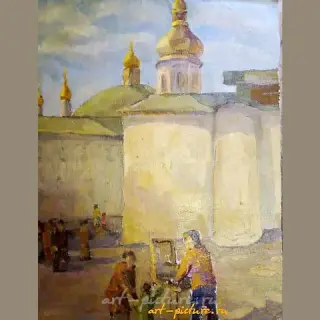 The translation of "У церкви Холст, масло" into English is "At the Church of Holst, oil."