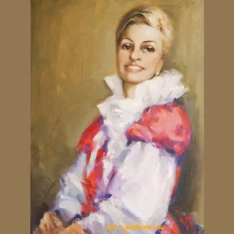 The translation of the text is: "Woman in a red dress, oil on canvas."