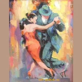 The text translates to "Dancing couple oil, canvas" in English.