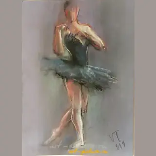 "Ballerina in a black tutu. Cardboard, pastel."
