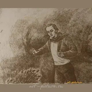 Poems. T.G. Shevchenko in Sedniv (from the series). Paper, sepia. 31 × 38 cm.