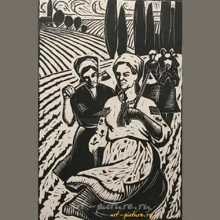 在田野。石版画。