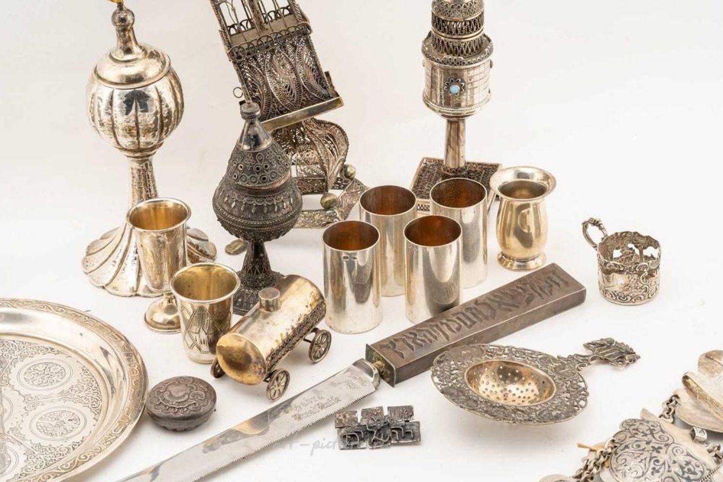 Russian silver , Of Judaica interest; Six turquoise-set kiddish cups, a possible...