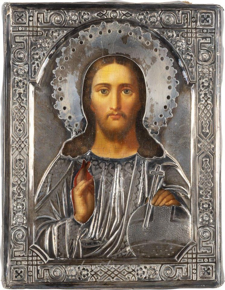 Русское серебро , Икона с Христом Пантократором в серебряном окладе