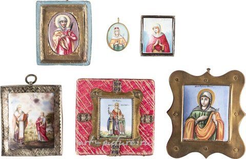 Russian silver, A COLLECTION OF SIX ENAMEL ICONS (FINIFTI) SHOWING FEMALE