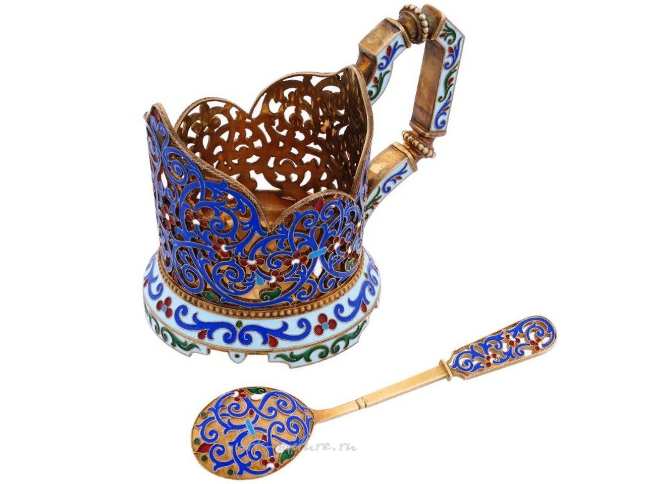 Русское серебро , Подстаканник для чайного стакана с ложкой