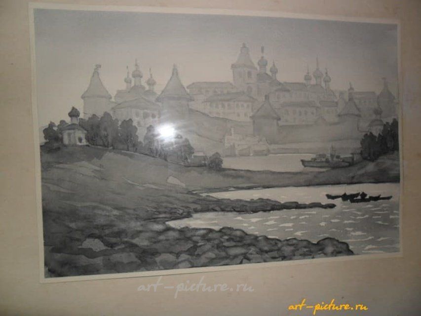 Рисунок из серии "Соловецкий монастырь.Вид с бухты Благополучия" бум.,акварель.Стекло, паспарту. 