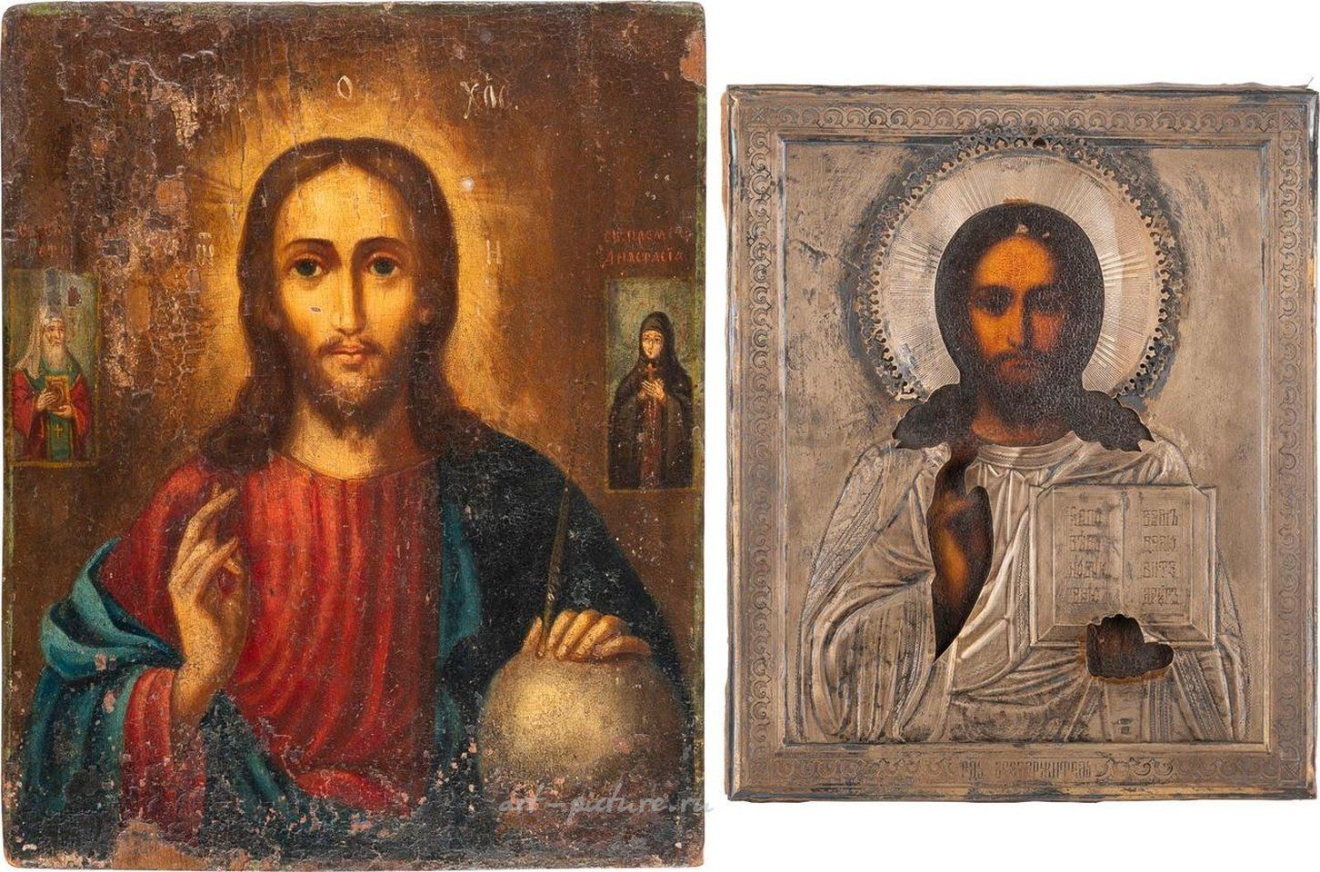 Русское серебро , Два иконы, изображающие Христа Пантократора (с серебряным окладом)
