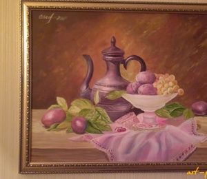 Still life - a jug with fruits oil, canvas, masterkhin, golden bell