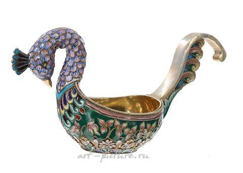 Russian silver, Russian silver-gilt and cloisonné Kovsh by KHLEBNIKOV, decorated...