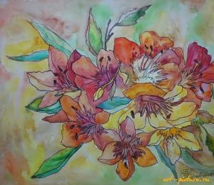 Golden Lilies Watercolor, Liner, Paper