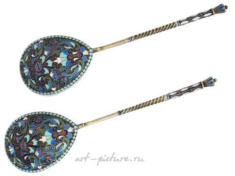 Russian silver, PAIR OF RUSSIAN SILVER AND CLOISONNE ENAMEL SPOON