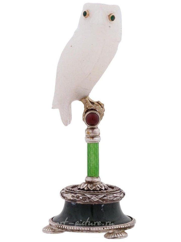 Russian silver , RUSSIAN SILVER JADE ENAMEL CRYSTAL OWL FIGURINE