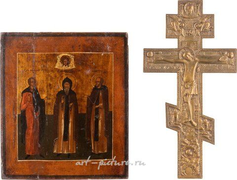 Russian silver, AN ICON SHOWING STS. MOSES, BONIFACE, AND NIPHONT AND A BRASS