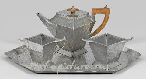 Арт-деко чайный сервис из олова с подносом