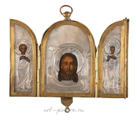 Russian silver, A TRIPTYCH SHOWING THE MANDYLION FLANKED BY STS. PETER THE