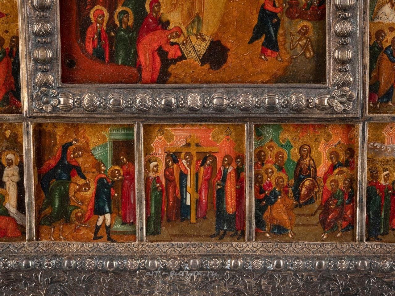 Русское серебро , Подписанная икона Воскресения с 16 праздниками и позолоченной рамой