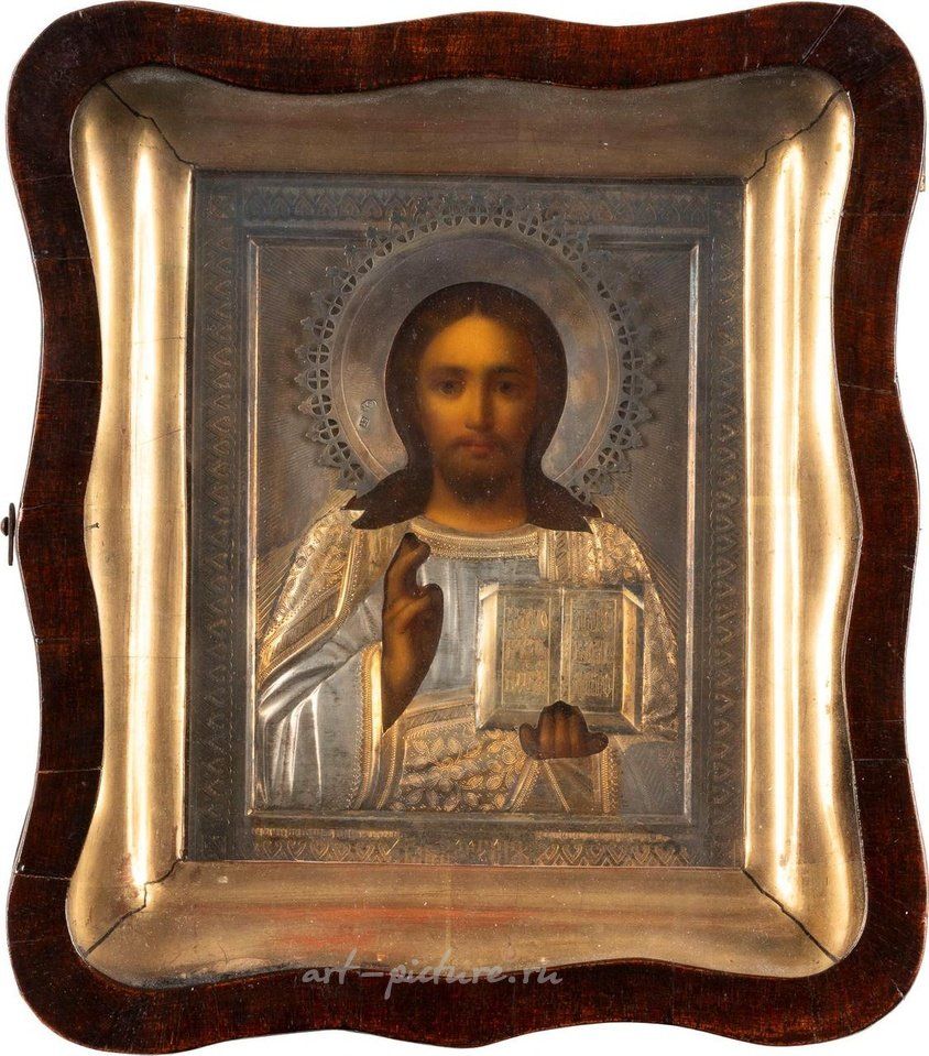Русское серебро , Икона "Христос Пантократор" с серебряно-золоченым окладом