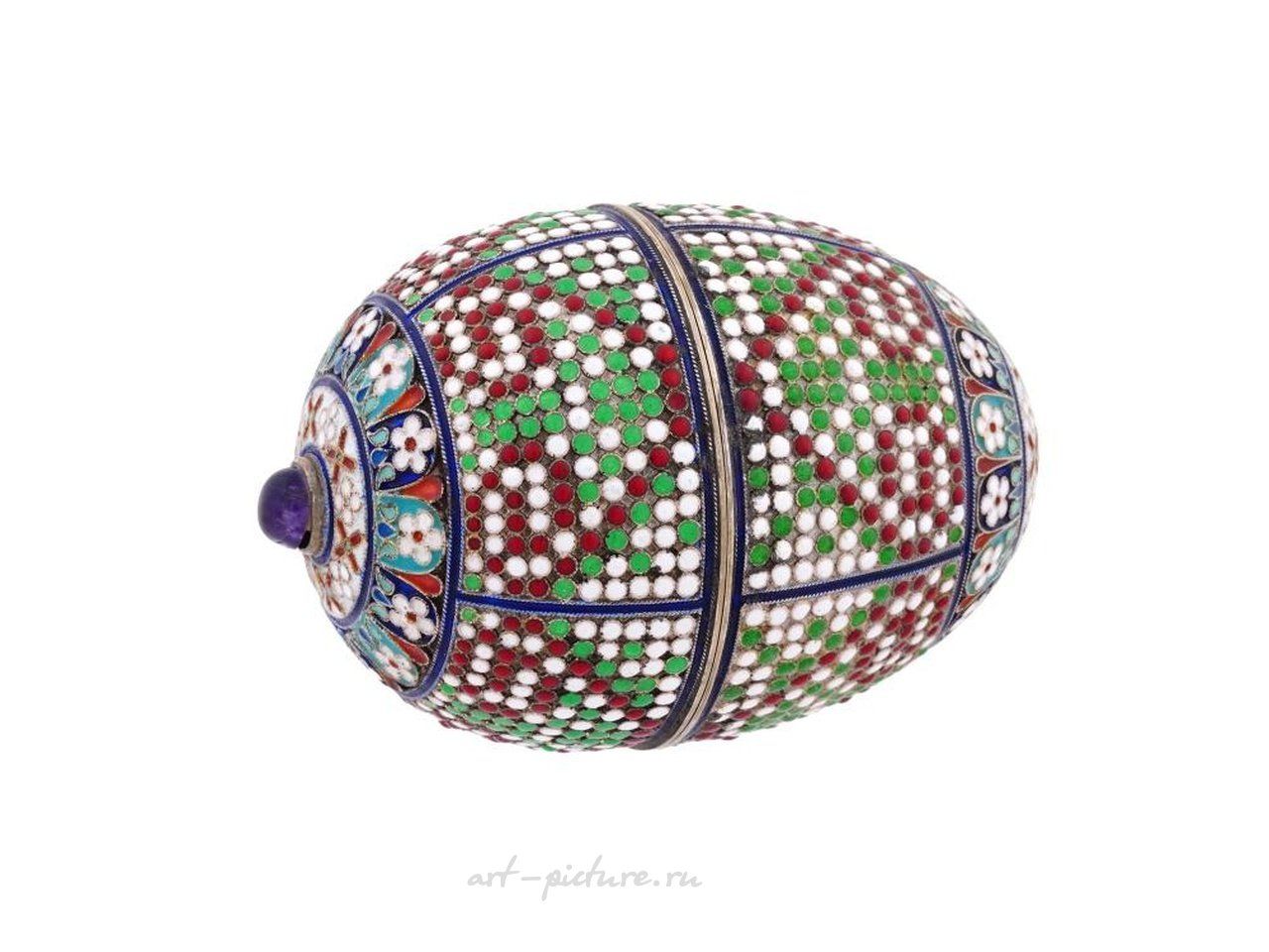 Русское серебро , Русская серебряная яйцевидная шкатулка с эмалью в технике клоизонне