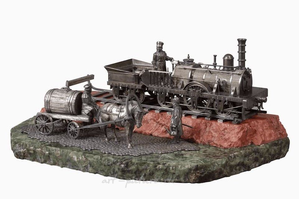 Ювелирная скульптурная композиция посвященная Царскосельской железной дороги, Паровоз (локомотив) типа 0-3-0, 1837 года, серебро