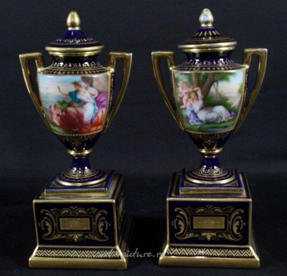 Royal Vienna Porcelain , Pair Of Royal Vienna Porcelain Covered Urns