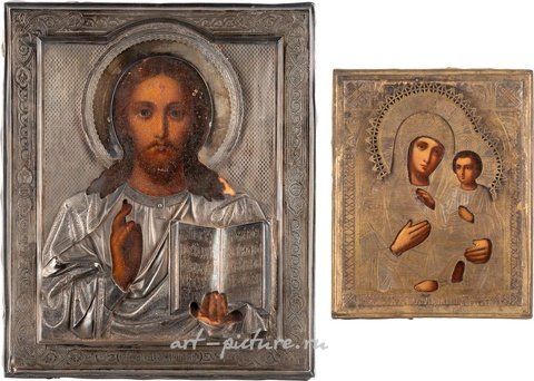 Russian silver, TWO ICONS SHOWING CHRIST PANTOKRATOR WITH A SILVER OKLAD AND