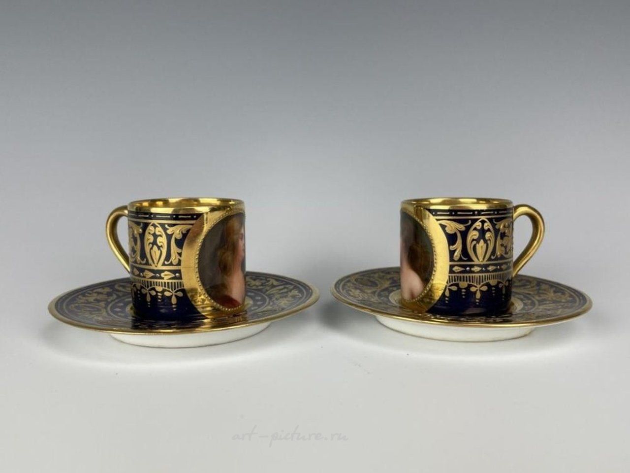 Royal Vienna Porcelain , PAIR OF ROYAL VIENNA DEMITASSE CUP & SAUCERS WAGNER