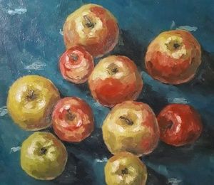 Apples on the blue tablecloth oil, canvas