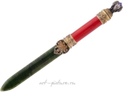 Russian silver, RUSSIAN GILT SILVER ENAMEL AND JADE LETTER OPENER