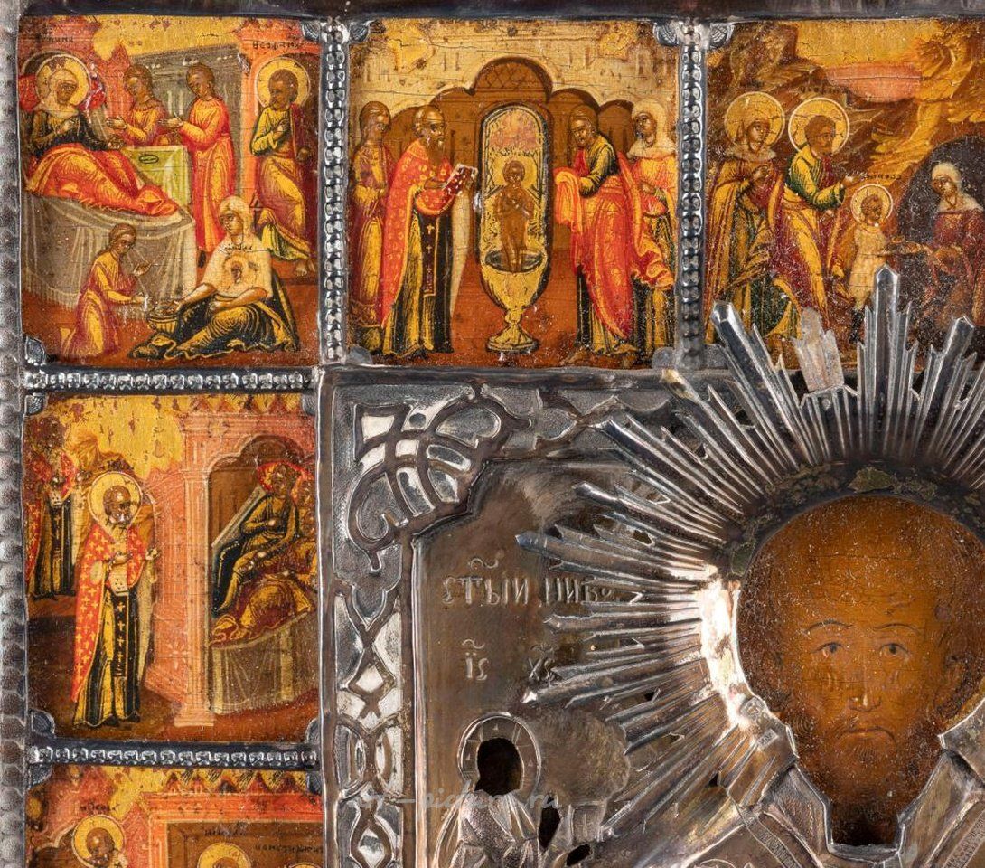 Русское серебро , ОЧЕНЬ КРАСИВАЯ ЖИТИЙНАЯ ИКОНА СВЯТОГО. НИКОЛАЙ МИРЛИКИЙСКИЙ С СЕРЕБРЯНОЙ БАСМОЙ