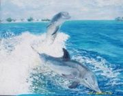 Dolphins near the coast of Crimea oil, canvas