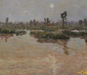 Twilight in the swamp.Moon.Canvas, oil.42 x 68 cm.