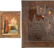 Два иконы, изображающие святого Сергея у гроба своих родителей с