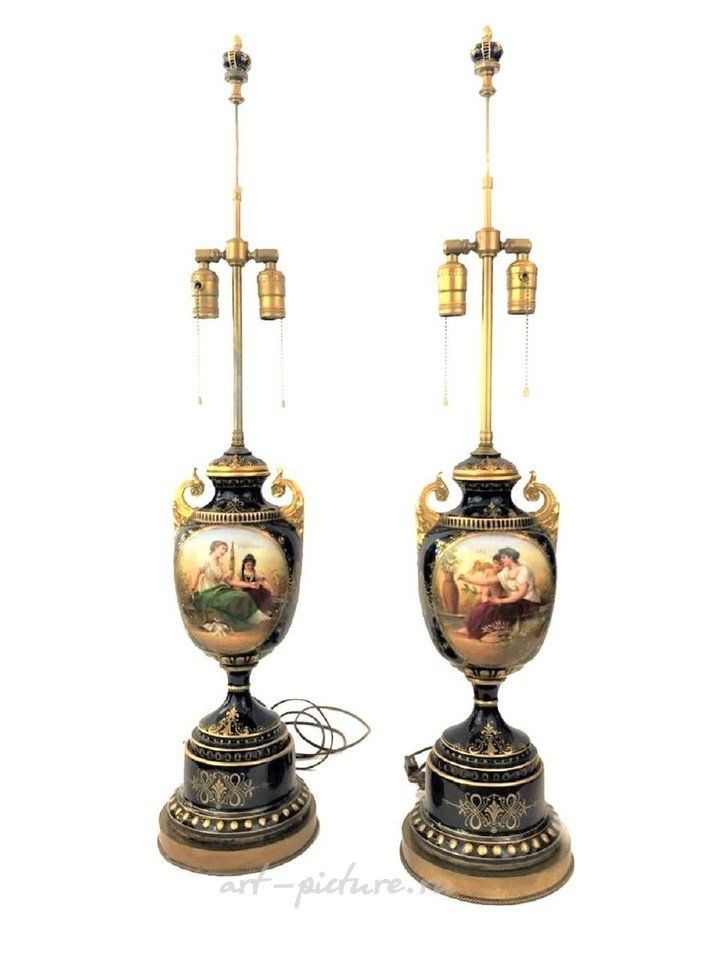 Royal Vienna Porcelain , Pair of porcelain Royal Vienna style lamps