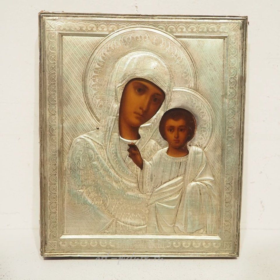 Русское серебро , Русская икона 19 века, роспись на дереве с серебром