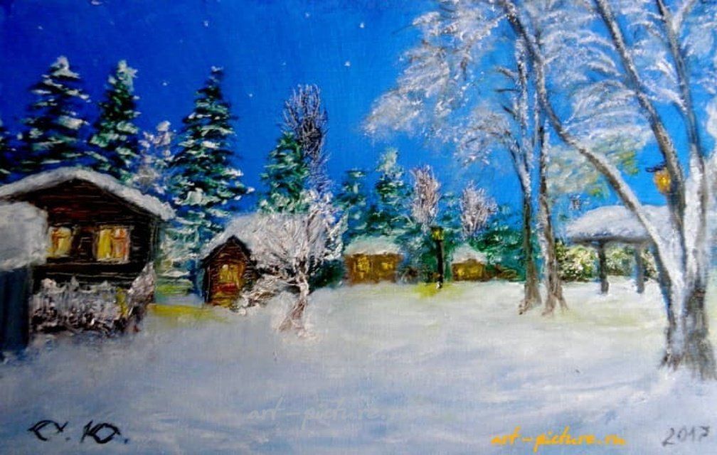 The translation from Russian to English is: "Winter oil on canvas fiberboard."