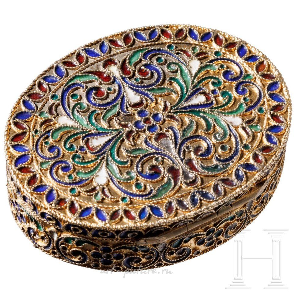 Russian silver , Silver and enamel pill boxes, St. Petersburg, Grigory...