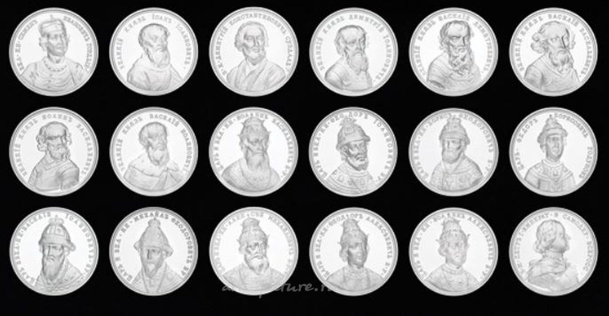 The collection of silver medals "Great Princes, Tsars, and Emperors of Russia" consists of 67 pieces. Minted by the Saint Petersburg Mint of Goznak, these medals are part of a portrait series based on preserved historical tools (dies).
