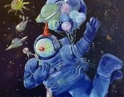 Cosmonautics Day canvas on the subframe, acrylic, liner, glitter